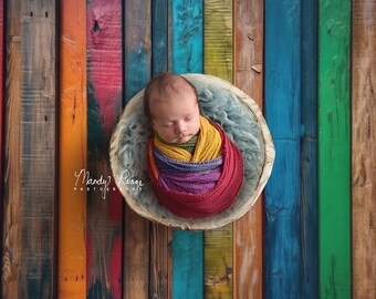 Newborn Digital Backdrop, Colorful Rainbow Wood Boards with Wooden Bowl