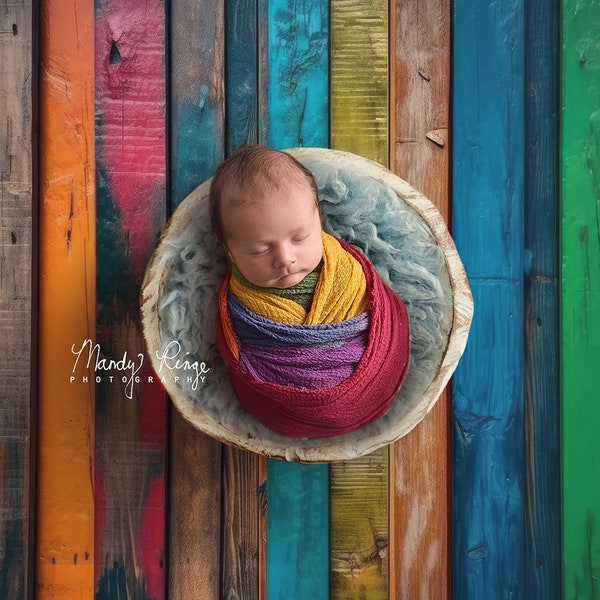Newborn Digital Backdrop, Colorful Rainbow Wood Boards with Wooden Bowl