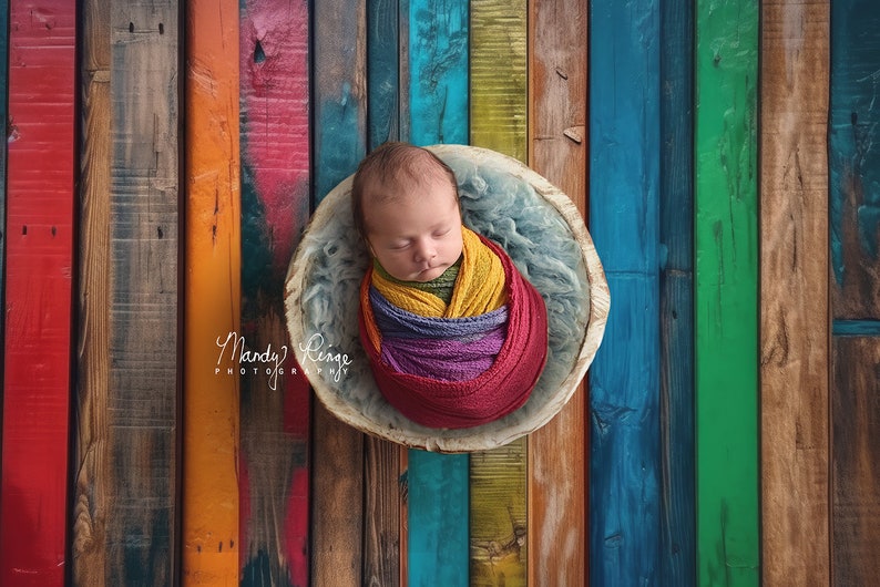 Newborn Digital Backdrop, Colorful Rainbow Wood Boards with Wooden Bowl image 1