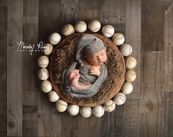 Newborn Digital Backdrop, Vintage Baseball Digital Background, Wooden Bowl