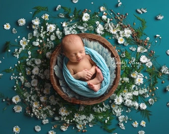 Newborn Digital Backdrop, Blue with White Floral with Wooden Bowl