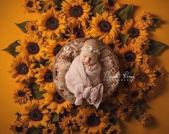 Newborn Digital Backdrop, Deep Yellow Sunflowers on Yellow with Wooden Bowl