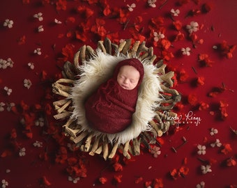 Newborn Digital Backdrop, Red Floral with Wooden Bowl