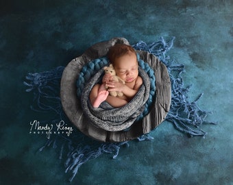 Newborn Digital Backdrop, Neutral Digital Background, Teal Blue and Gray Wooden Bowl with Jute
