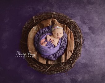 Newborn Digital Backdrop, Purple Digital Background, Rustic Wooden Bowl and Wreath