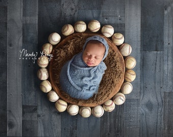 Newborn Digital Backdrop, Vintage Baseball Digital Background, Wooden Bowl