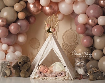 Newborn Digital Backdrop, Cozy Boho Teepee with Dream Catchers, Wild One