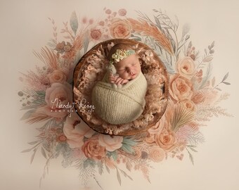 Newborn Digital Backdrop, Boho Floral Art with Dough Bowl for Newborn Composites