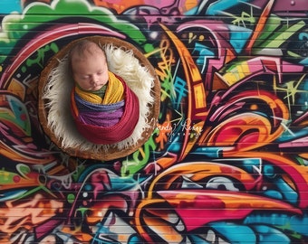 Newborn Digital Backdrop, Urban Graffiti with Wooden Bowl