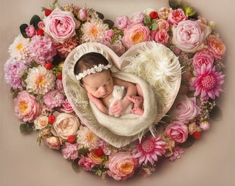 Newborn Digital Backdrop, Colorful Floral Heart with Heart Bowl