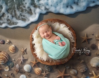 Newborn Digital Backdrop, Ocean Beach and Seashells with Wooden Bowl