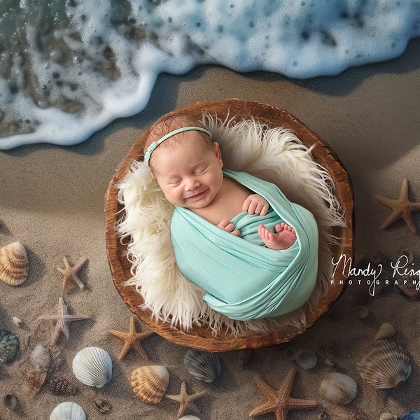 Newborn Digital Backdrop, Ocean Beach and Seashells with Wooden Bowl