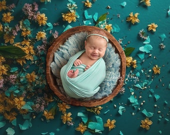 Newborn Digital Backdrop, Teal and Yellow Floral with Wooden Bowl