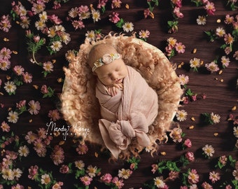 Newborn Digital Backdrop, Pink and White Flowers on Brown with Wooden Bowl