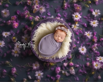 Newborn Digital Backdrop, Purple Floral with Wooden Bowl