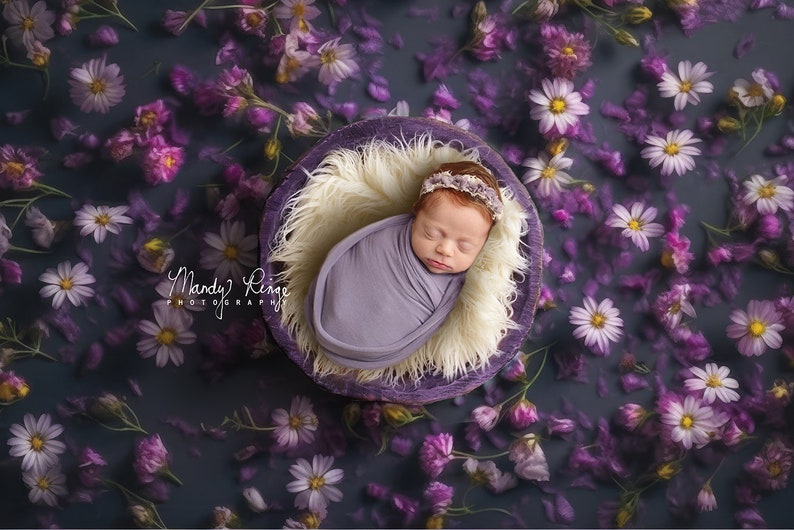 Newborn Digital Backdrop, Purple Floral with Wooden Bowl image 1