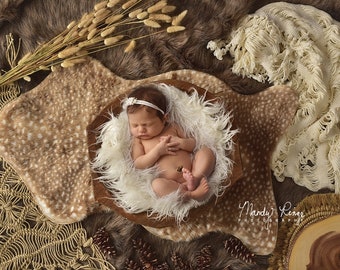 Newborn Digital Backdrop, Boho Fur Layers, Deer, Wooden Bowl