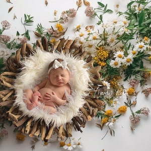 Newborn Digital Backdrop, Wildflowers on White with Wooden Bowl