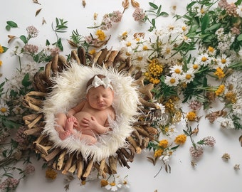 Newborn Digital Backdrop, Wildflowers on White with Wooden Bowl