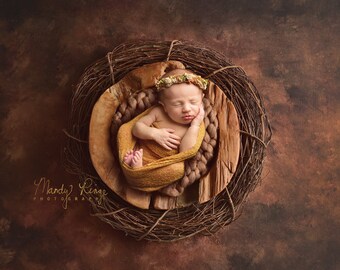 Newborn Digital Backdrop, Neutral Digital Background, Rustic Wooden Bowl and Wreath