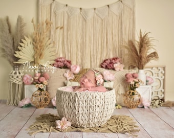 Newborn Digital Backdrop, Cozy Boho Basket with Flowers and Macrame