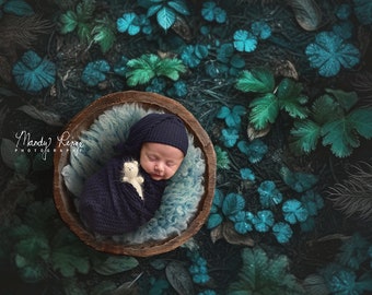 Newborn Digital Backdrop, Forest Floor at Night with Wooden Bowl