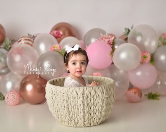 Sitter Digital Backdrop, Pink, White, Rose Gold Balloon Garland with Basket