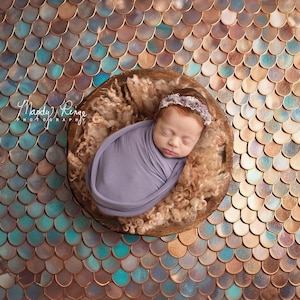 Newborn Digital Backdrop, Teal and Copper Mermaid Scales with Wooden Bowl