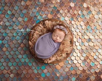 Newborn Digital Backdrop, Teal and Copper Mermaid Scales with Wooden Bowl