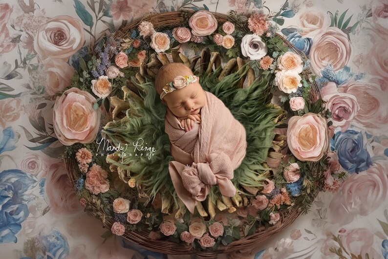Toile de fond numérique pour nouveau-né, couronne de fleurs bohème avec bol à pâte pour nouveau-né composites image 1