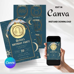 Faire-part d'anniversaire personnalisable signe du zodiaque, thème astrologie, modèle imprimable numérique sur toile modifiable, anniversaire céleste, zodiaque SVG