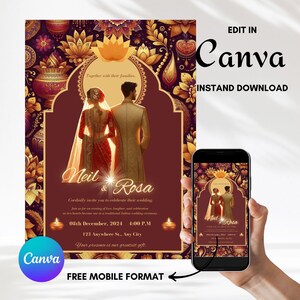 Convite de casamento hindu, convite de Sangeet e Mehndi, cartões de casamento indianos, modelo Canva, salve a data para impressão digital