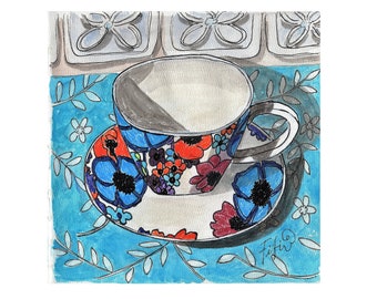 PRINT: Blue Flower Teacup and Saucer