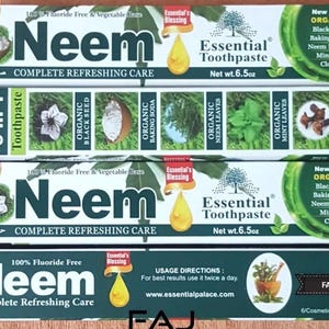 May include: Three tubes of Neem Essential Toothpaste, a natural toothpaste with a green and white label. The label features the text "Neem Complete Refreshing Care" and "New 5 in 1 Organic". The toothpaste contains black seed, baking soda, neem extract, mint oil, and clove.
