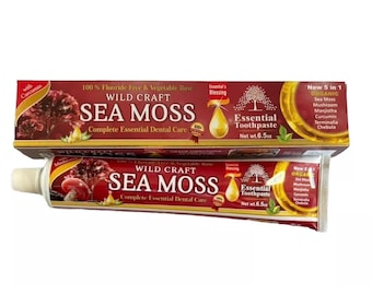 May include: A red and white tube of Wild Craft Sea Moss toothpaste with a label that says "Complete Essential Dental Care". The toothpaste is organic and contains sea moss, mushroom, manjistha, curcumin, terminalia, and chebula. The tube is 6.5 ounces.