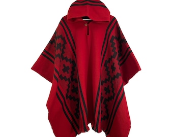 Ethnic Alpaca Wool Cape Premium Handwoven Poncho from South America, Ethnic Traditional Design Poncho, Unisex Winter Cape, Red-Black