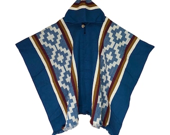 Ethnic Alpaca Wool Cape Premium Handwoven Poncho from South America, Ethnic Traditional Design Poncho, Unisex Winter Cape, Blue