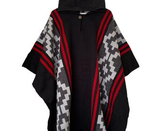 Ethnic Alpaca Wool Cape Premium Handwoven Poncho from South America, Poncho Diseño Tradicional Etnico, Unisex Winter Cape, Black-white-Red