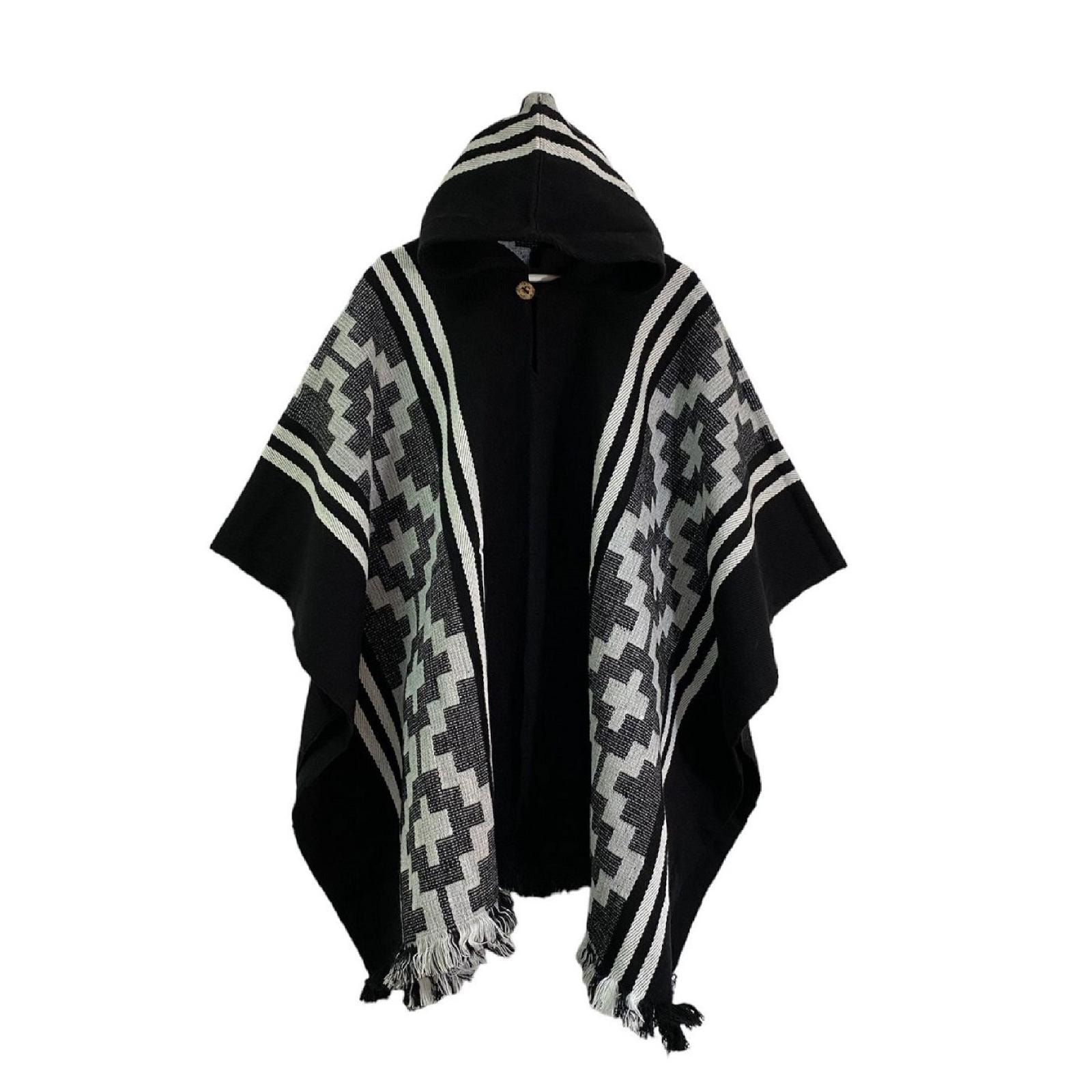 Ethnic Alpaca Wool Cape Premium Handwoven Poncho from South America, Ethnic Traditional Design Poncho, Unisex Winter Cape, Blanck & white