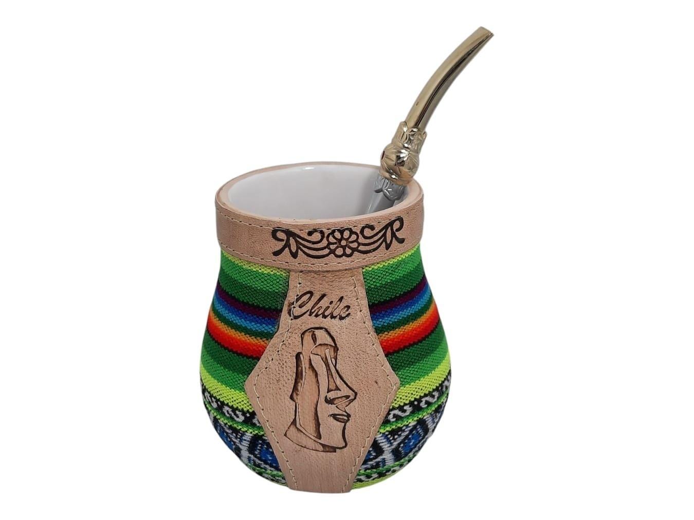 Mate Gourd with Bombilla – Ceramic Leather Wrapped Mate Cup with Aguayo Fabric Yerba Mate Kit with Straw Traditional South American Tea Cup