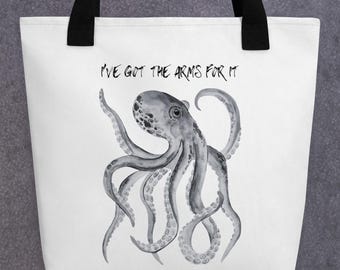 Octopus Noir - Humorous, Reusable, Quality Tote Bag. For Cephalopod lovers and Humorous People. Octopus Modern Design in Black and White.