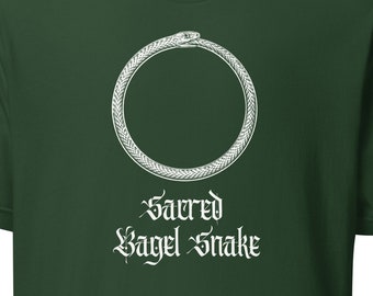 Sacred Bagel Snake Shirt - White Ouroboros serpent on dark tee - Funny unisex tee with ancient symbol and calligraphic text