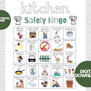 Veiligheidsbingo keuken, 50 afdrukbare bingokaarten, educatief spel, educatief afdrukbaar, afdrukbaar klaslokaal, beoordeling voedselveiligheid, klasspel
