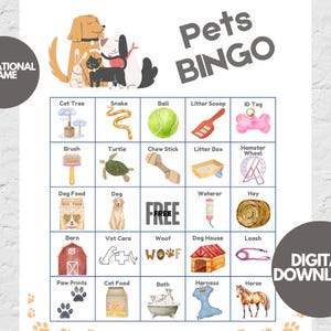 May include: A colorful "Pets Bingo" game board with illustrations of pet-related items like a cat tree, dog food, and a horse. The words "Pets BINGO" are at the top, and "Educational Game" and "Digital Download" are also displayed.