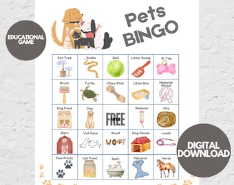 Pets Bingo Printable – 50 Bingo Cards + Markers | Animal Party Game for Kids | Pet Themed Classroom Activity | Instant Download | Bingo