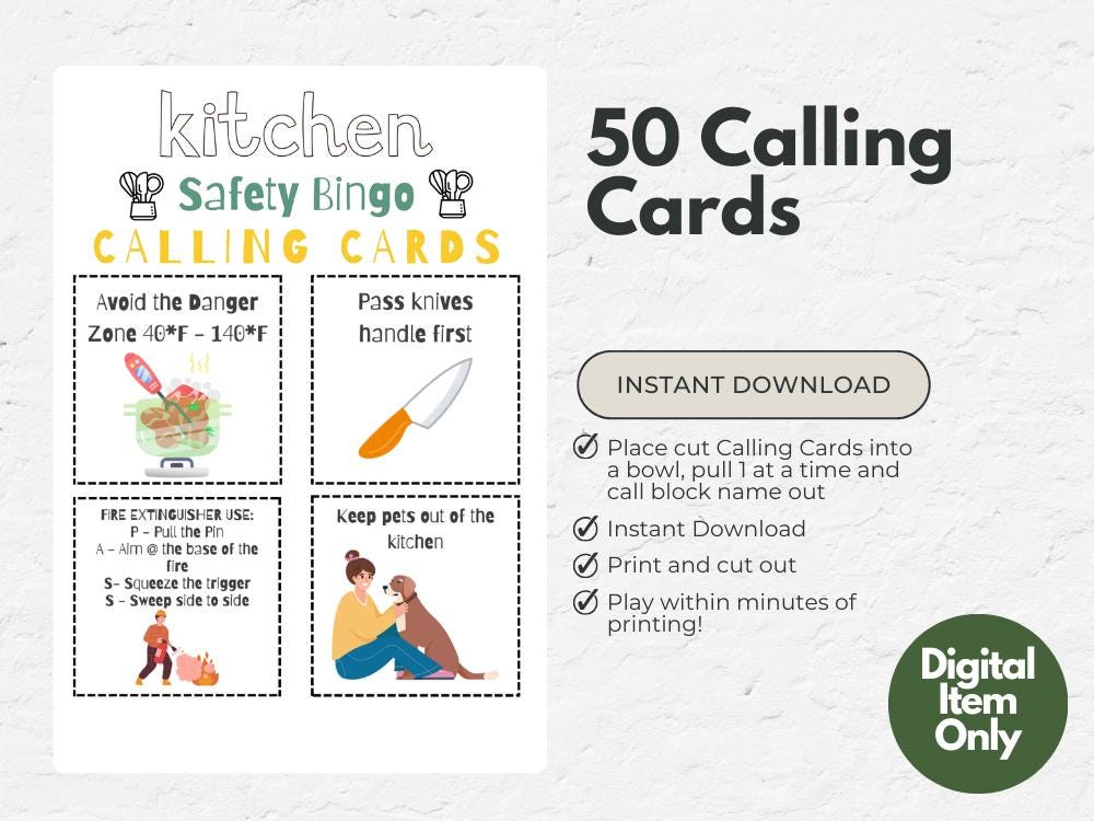 Kitchen Safety Bingo, 50 Printable Bingo Cards, Educational Game ...