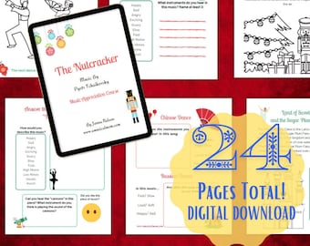 May include: A digital download of 24 pages of printable activities for children based on the Nutcracker ballet. The pages feature colorful illustrations and text, including the title "The Nutcracker" and the words "Music Appreciation Course".