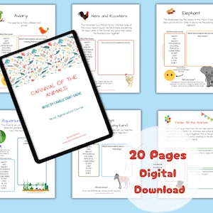 Könnte beinhalten: Ein digitaler Download von 20 Seiten mit Bildungsblättern für Kinder. Die Arbeitsblätter zeigen farbenfrohe Illustrationen von Tieren und Aktivitäten rund um den Karneval der Tiere von Camille Saint-Saëns. Der Text auf den Seiten enthält Fragen zur Musik, zu Instrumenten und zu Tierlauten.
