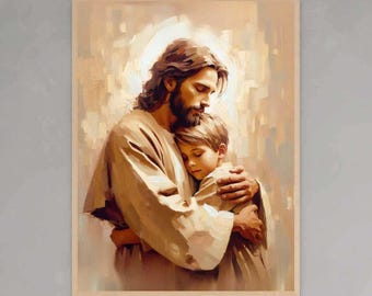 Jesus Hugging Boy, Modern Christian Art, Jesus with Boy, Jesus Wall Art, LDS Wall Art, Bible Painting, Jesus with Children, Catholic Art