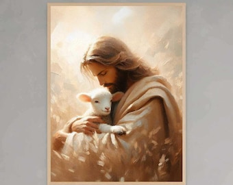 Er rettete den Einen, christliche Kunst, Jesus und Lamm, Jesusbild, LDS Kunst, Bibelkunst, Bild von Christus, Verlasse die 99 Kunst, Jesus Shepherd Kunst